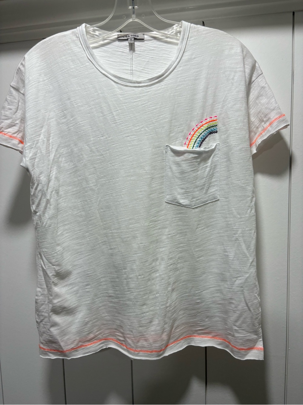 Lisa Todd White Short-Sleeve Tee with Neon Rainbow Pocket Embroidery size small